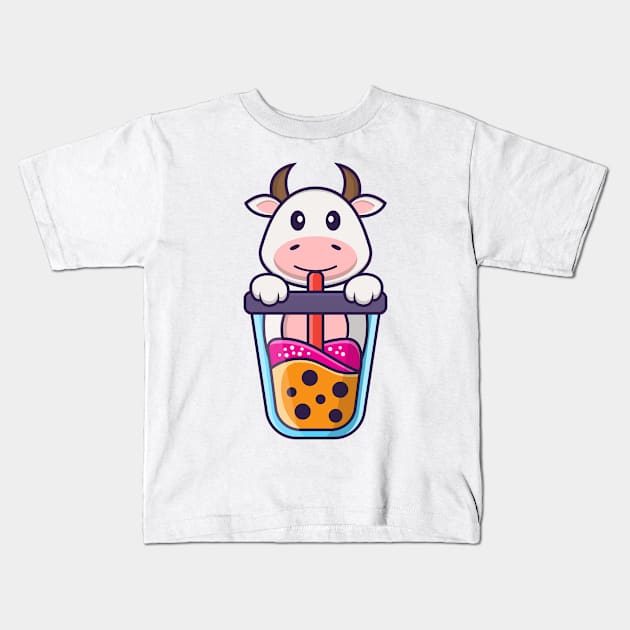 Cute cow Drinking Boba milk tea. Kids T-Shirt by kolega